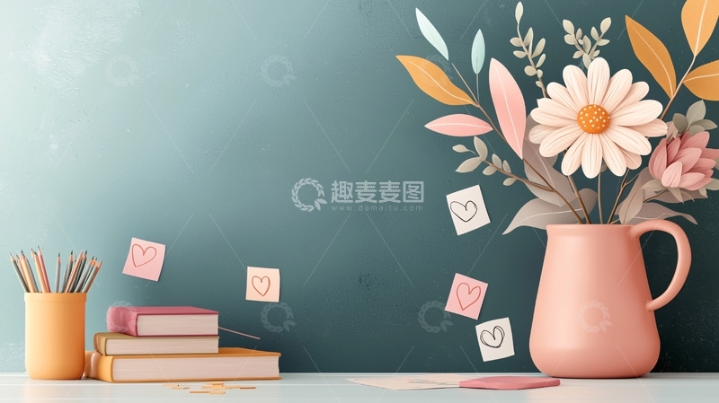 高清大图下载【趣麦麦图】温馨书桌与花瓶插花场景