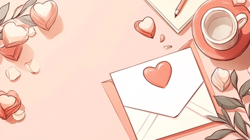 粉色爱心信封与咖啡杯插画
