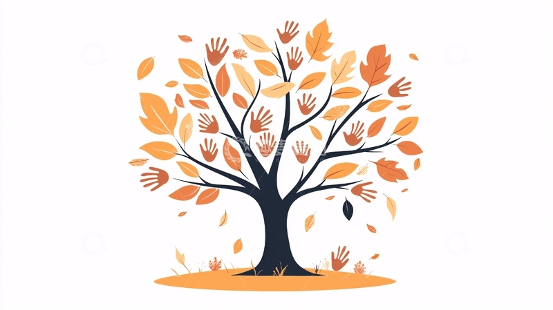 高清大图下载【趣麦麦图】-手印树落叶插画素材
