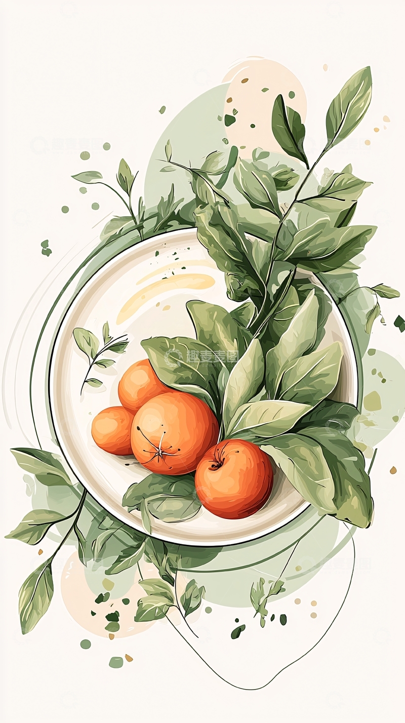 高清大图下载【趣麦麦图】橘子与绿叶的盘中风景