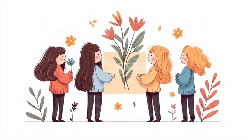 高清大图下载【趣麦麦图】四人插花场景插画素材