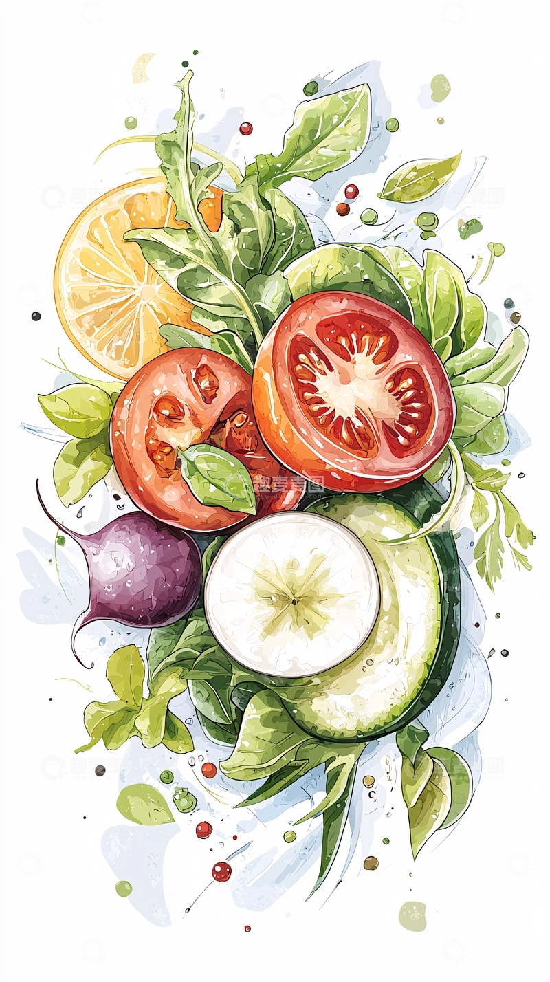高清大图下载【趣麦麦图】新鲜蔬菜水果拼盘插画