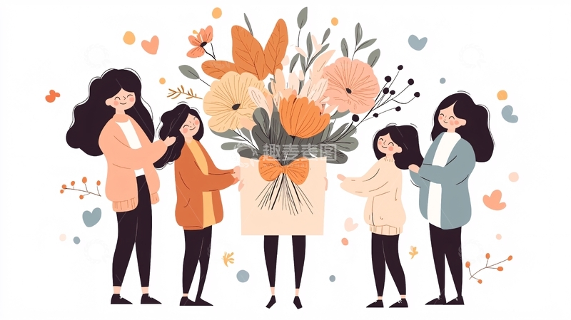 高清大图下载【趣麦麦图】温馨家庭与花束插画