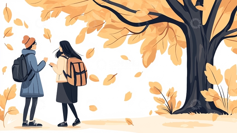 高清大图下载【趣麦麦图】秋日树下散步的两个人