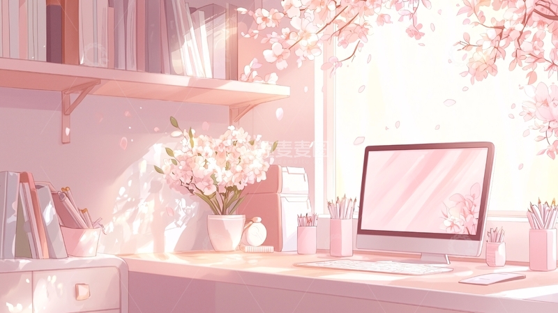 高清大图下载【趣麦麦图】粉色樱花主题办公桌场景
