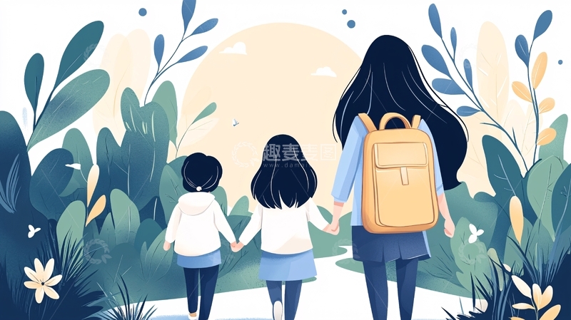 高清大图下载【趣麦麦图】母女三人手牵手走在自然中