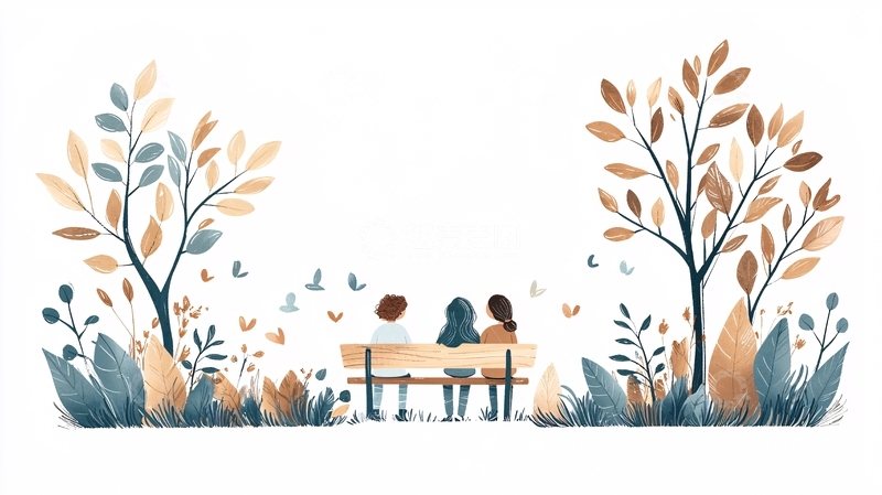 高清大图下载【趣麦麦图】秋日公园长椅上的三人