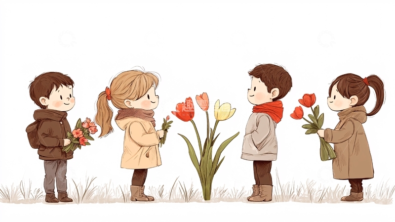高清大图下载【趣麦麦图】春天里的孩子们与花