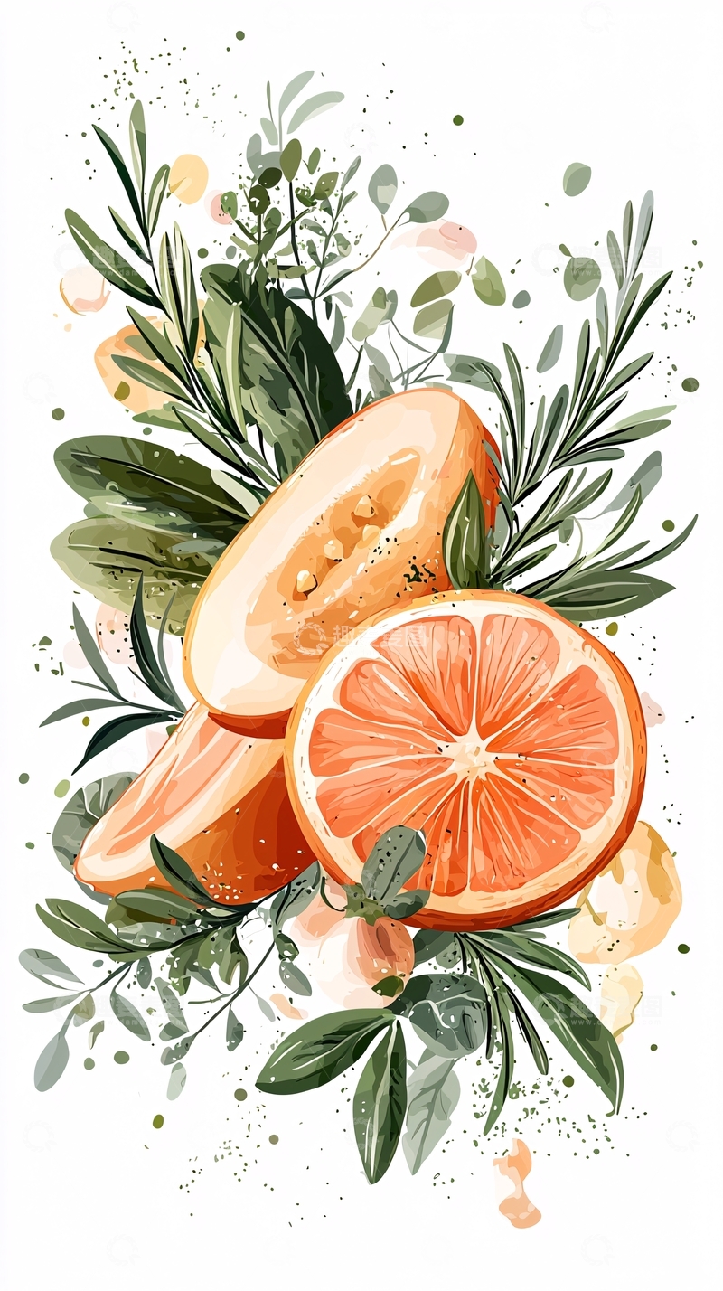 高清大图下载【趣麦麦图】橙子切片与绿叶装饰插画