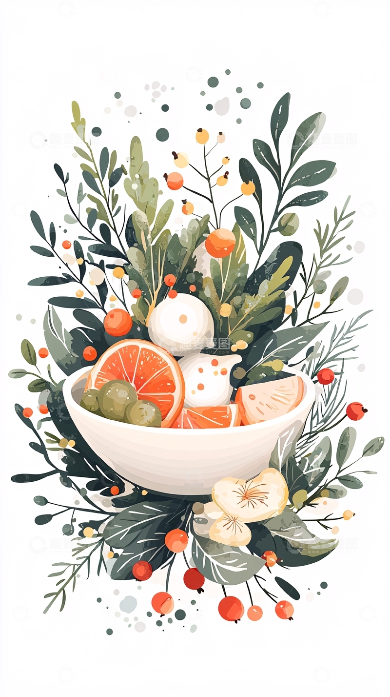 高清大图下载【趣麦麦图】秋日水果与绿植插画