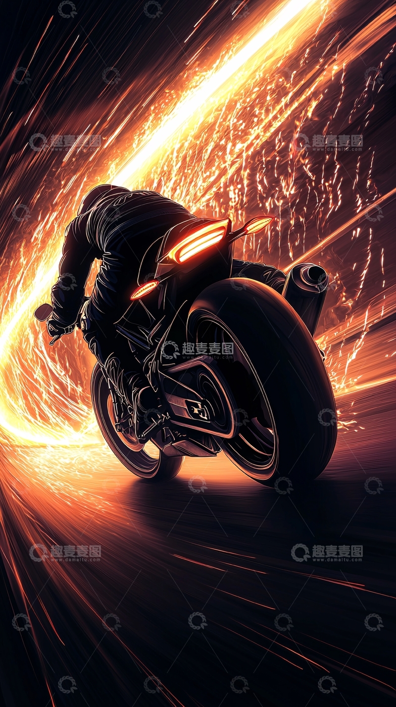 高清大图下载【趣麦麦图】摩托车夜行速度感插画