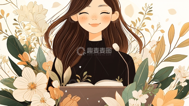 高清大图下载【趣麦麦图】书香花海中的女孩
