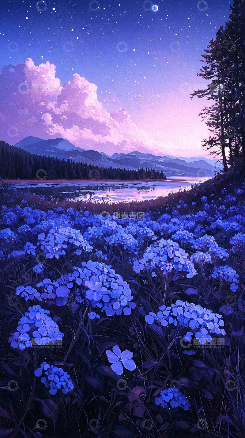高清大图下载【趣麦麦图】夜晚湖畔的紫色花朵