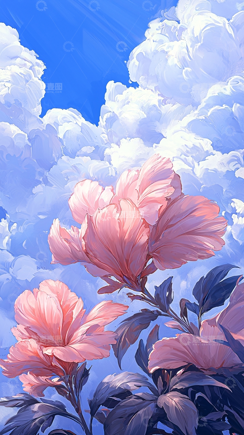 高清大图下载【趣麦麦图】粉色花朵与蓝天白云