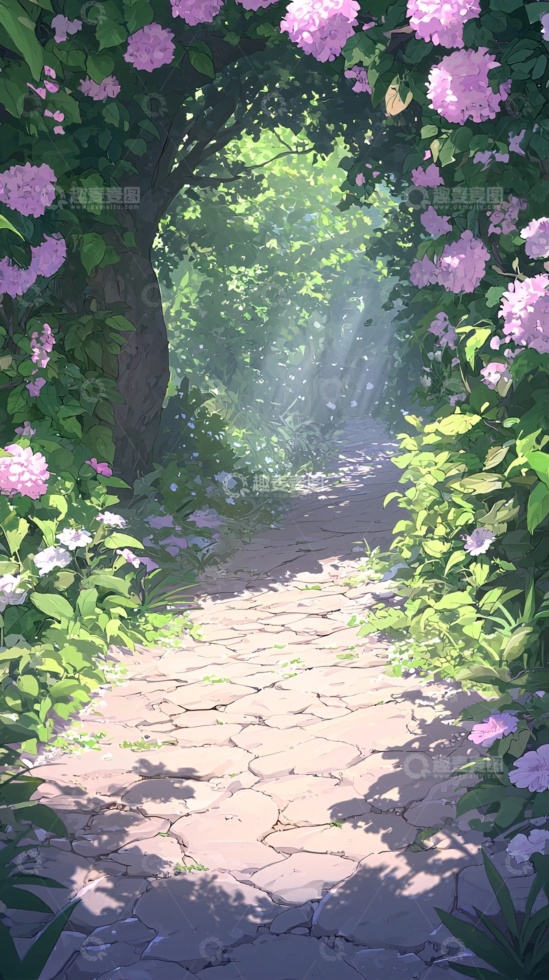 高清大图下载【趣麦麦图】阳光透过花丛的小径