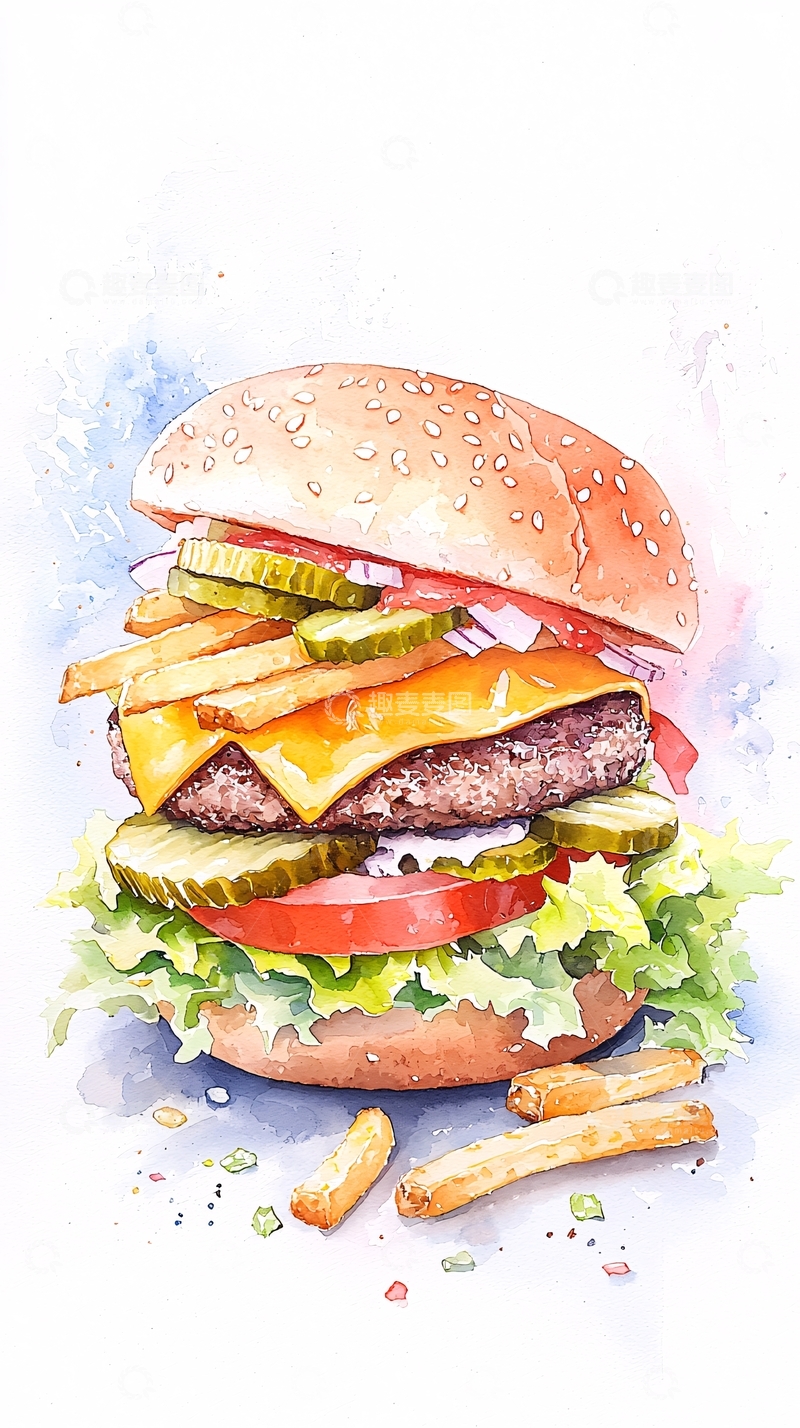 高清大图下载【趣麦麦图】美味汉堡与薯条水彩画