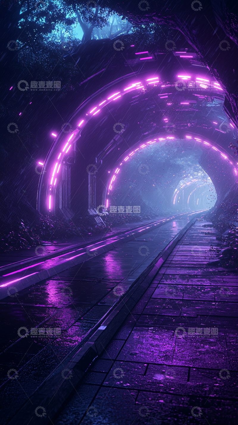 高清大图下载【趣麦麦图】紫色霓虹灯隧道