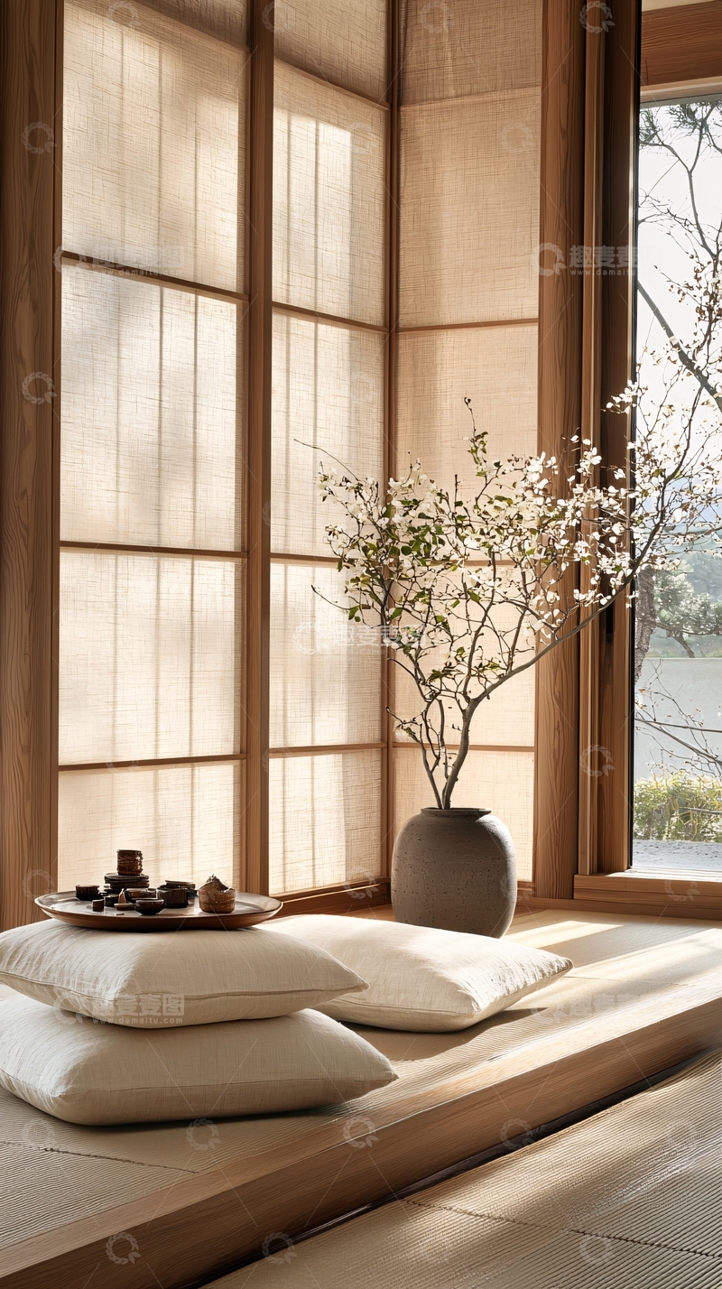 高清大图下载【趣麦麦图】日式榻榻米窗边静谧时光