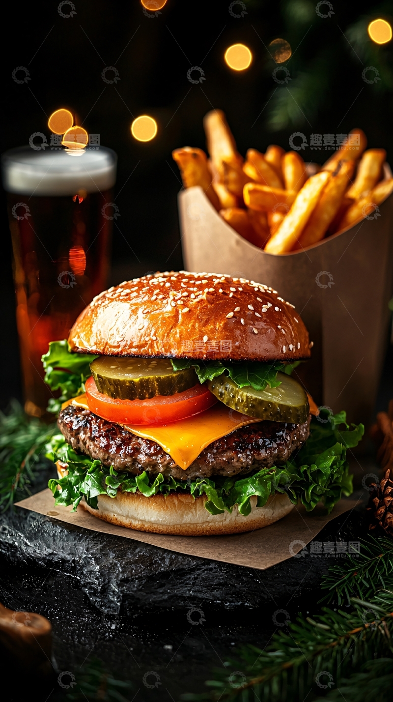 高清大图下载【趣麦麦图】美味汉堡搭配薯条和啤酒
