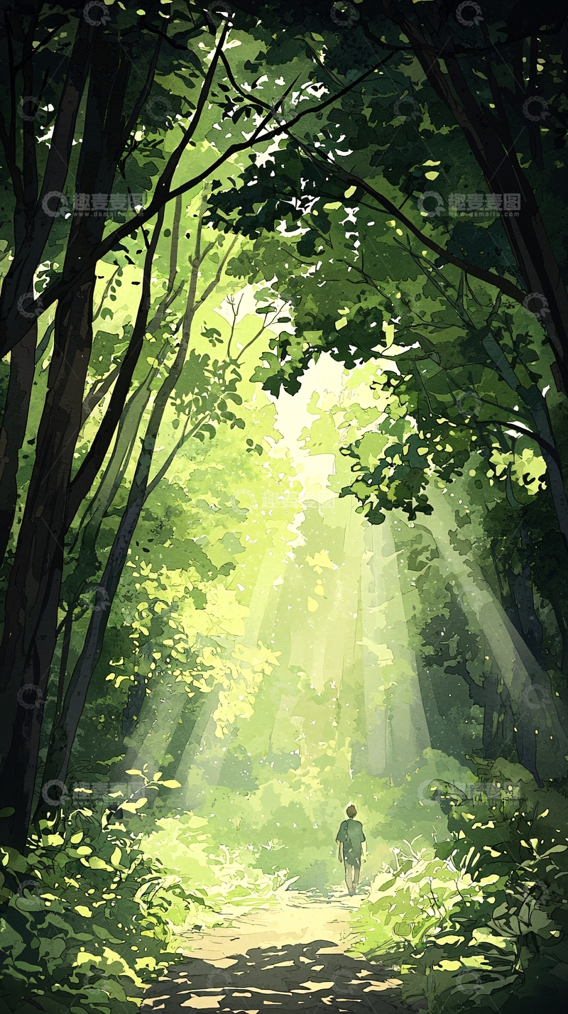 高清大图下载【趣麦麦图】森林中的光束与行人