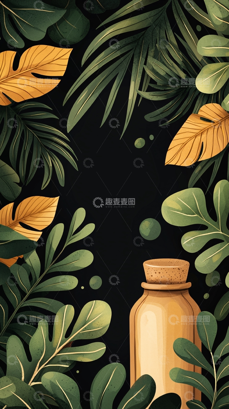 高清大图下载【趣麦麦图】热带植物与木瓶背景图