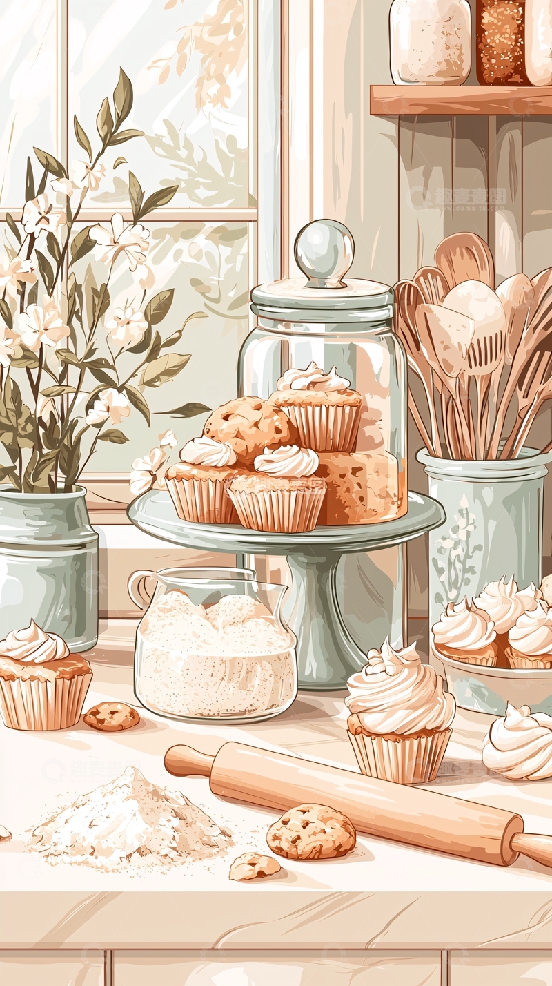 高清大图下载【趣麦麦图】烘焙甜点场景插画