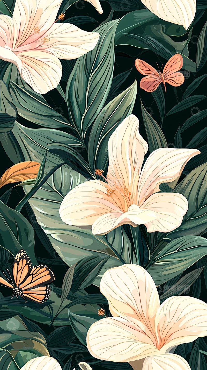 高清大图下载【趣麦麦图】热带花卉与蝴蝶背景图