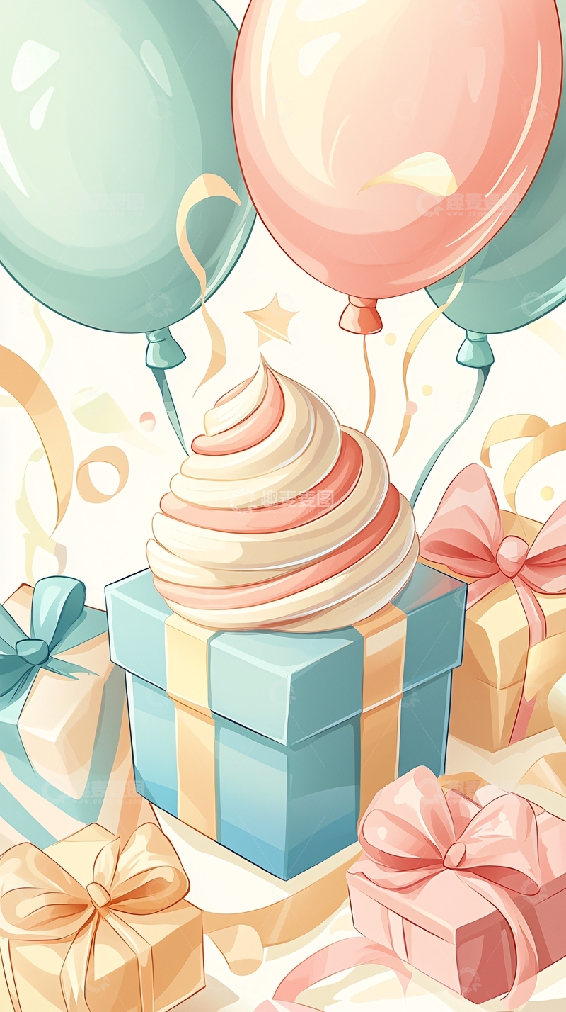 高清大图下载【趣麦麦图】生日蛋糕礼物礼盒气球背景