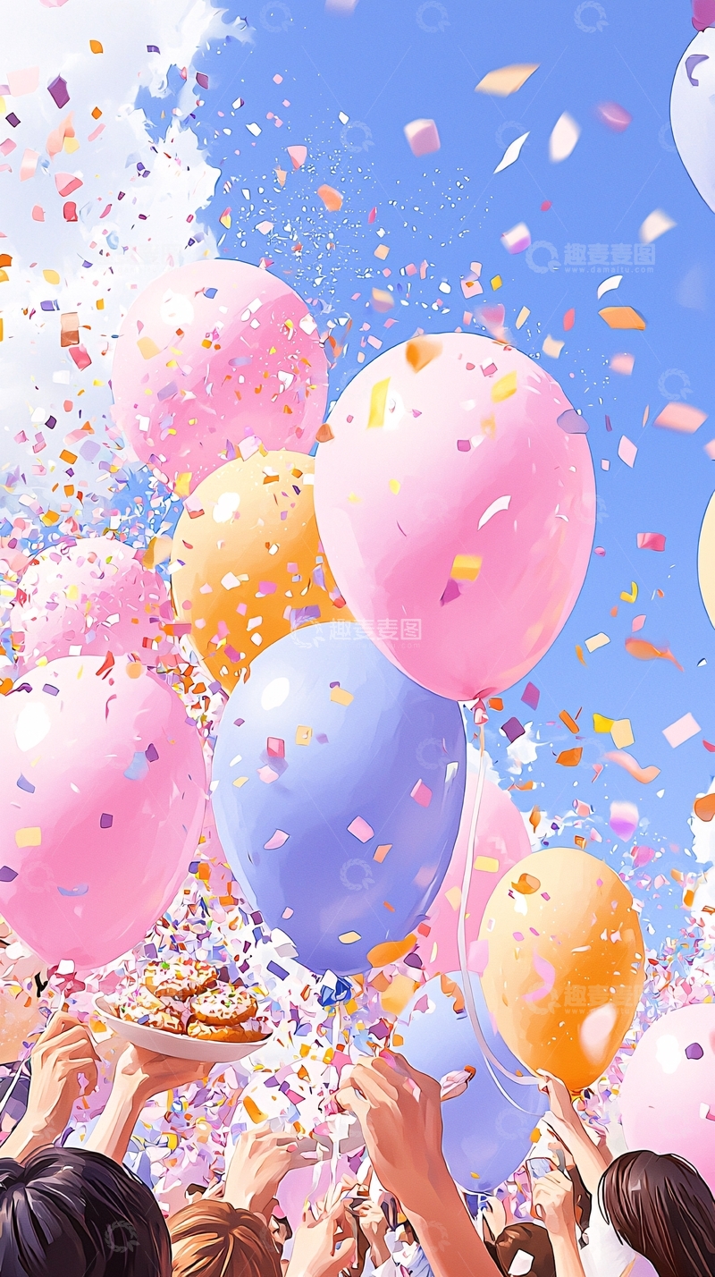 高清大图下载【趣麦麦图】庆祝派对气球和彩带背景