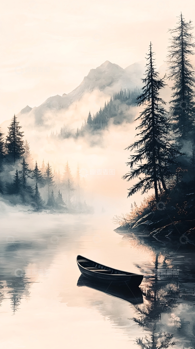 高清大图下载【趣麦麦图】晨雾中的静谧湖景