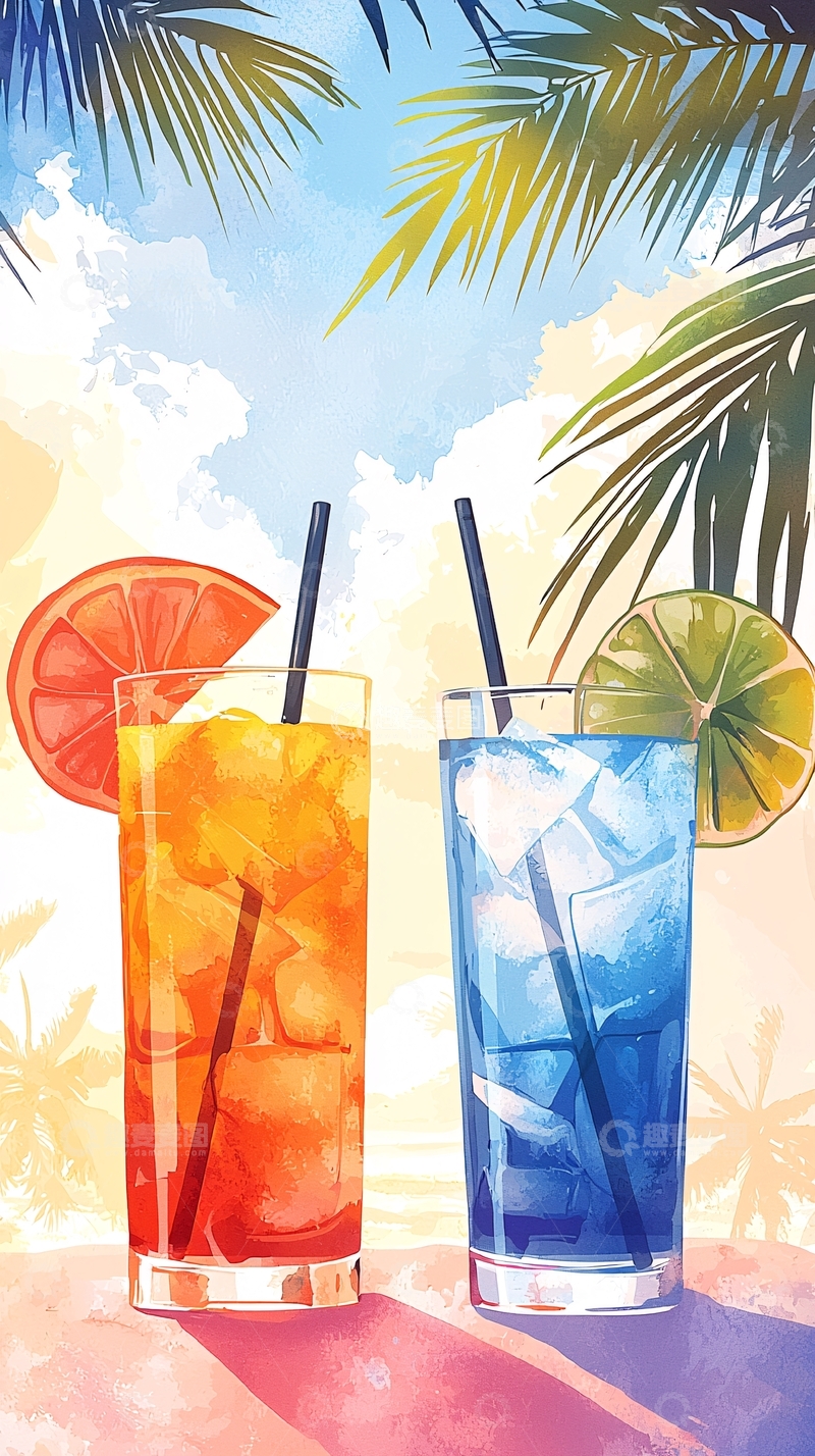 高清大图下载【趣麦麦图】夏日海滩饮品插画