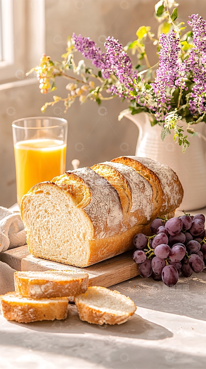 高清大图下载【趣麦麦图】新鲜面包搭配葡萄和橙汁