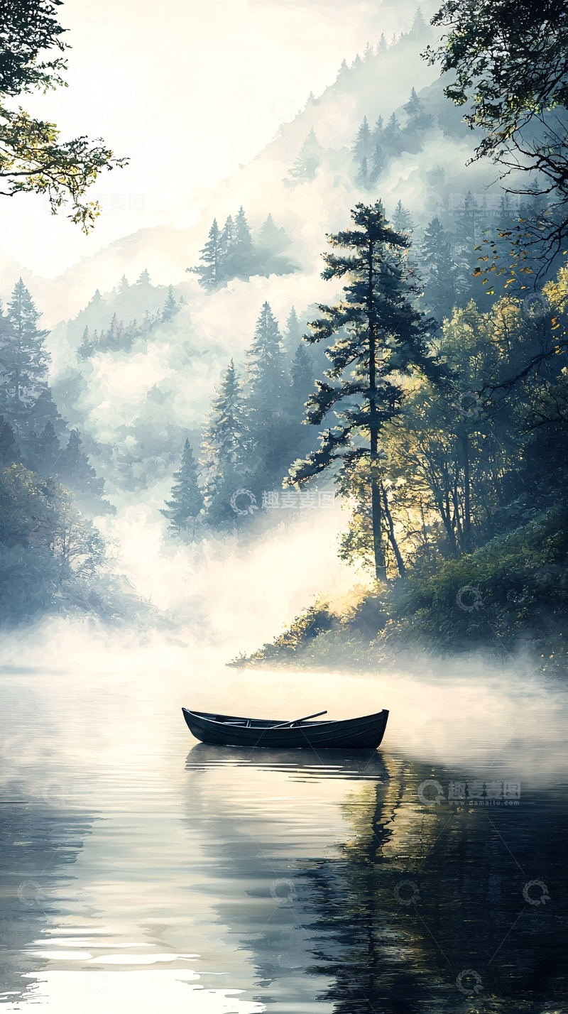 高清大图下载【趣麦麦图】晨雾中的宁静湖景