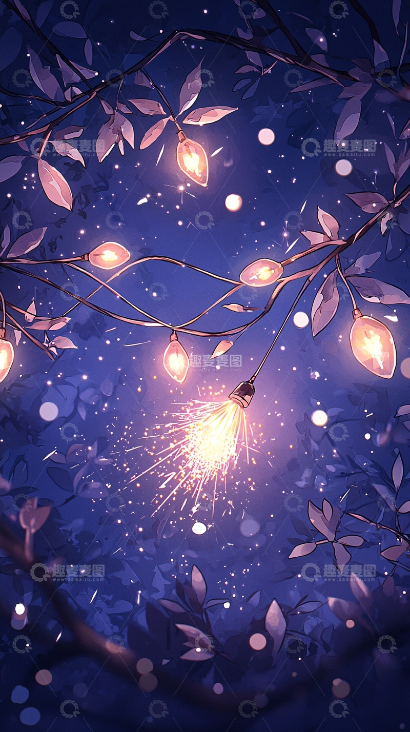 高清大图下载【趣麦麦图】夜晚树枝上的灯饰