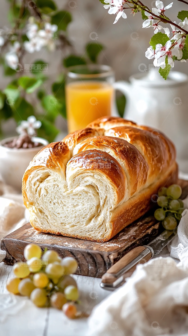 高清大图下载【趣麦麦图】新鲜出炉的面包与葡萄早餐场景