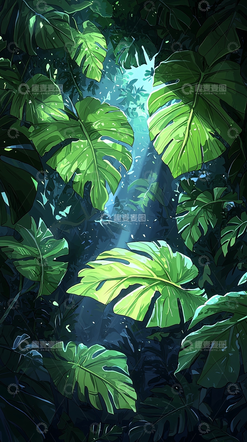 高清大图下载【趣麦麦图】热带雨林光影下的绿叶