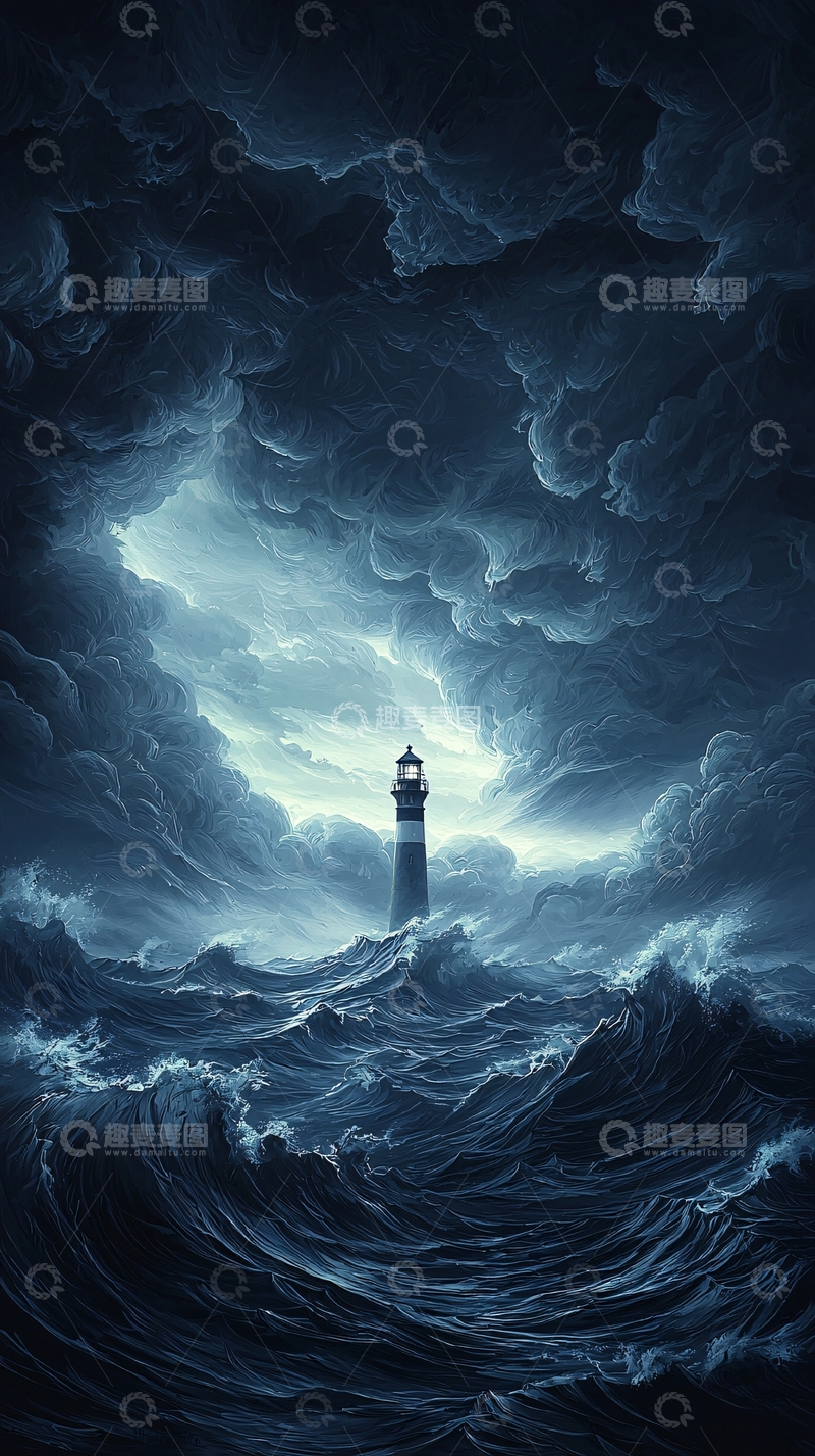 高清大图下载【趣麦麦图】灯塔与风暴海浪