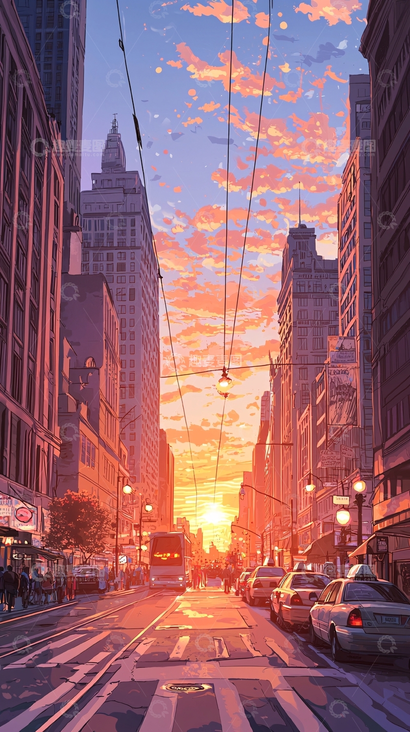 高清大图下载【趣麦麦图】夕阳下的城市街道