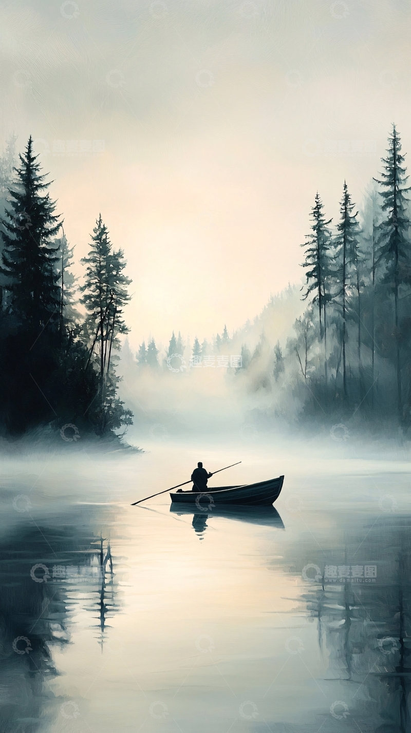 高清大图下载【趣麦麦图】晨雾中的独木舟