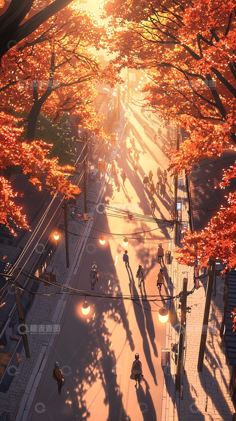 高清大图下载【趣麦麦图】秋日街道行人图