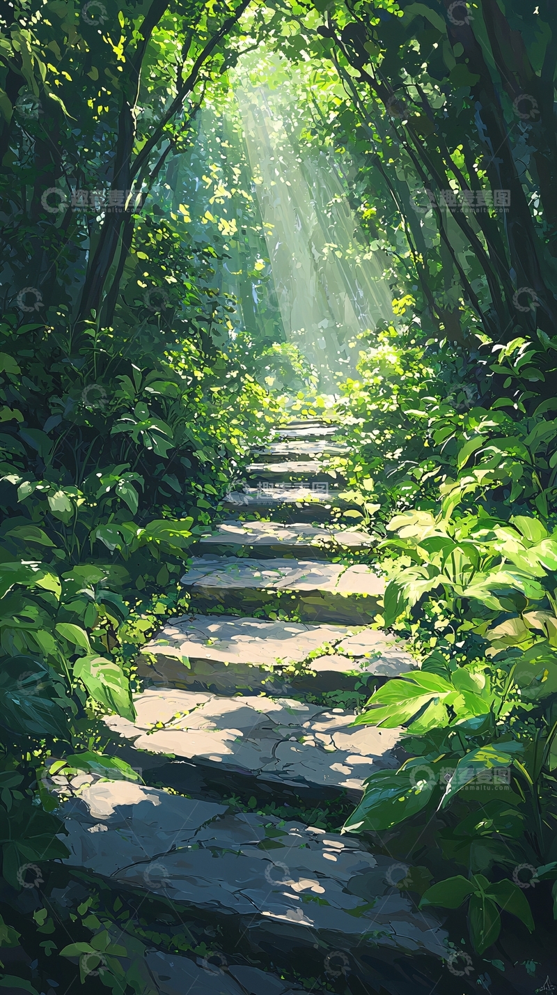 高清大图下载【趣麦麦图】森林中的石阶阳光穿透