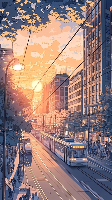 城市黄昏电车风景