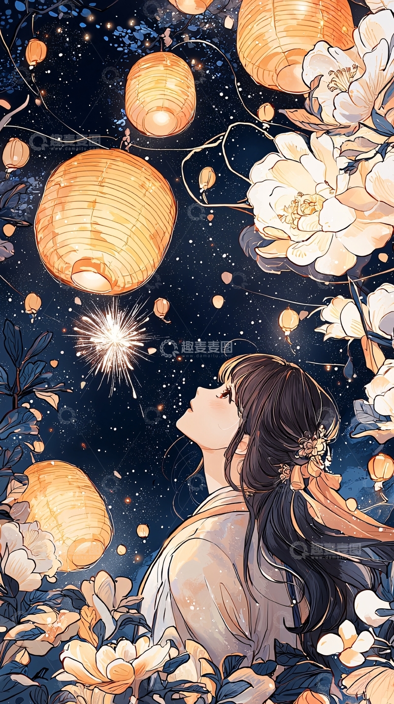 高清大图下载【趣麦麦图】夜空下的灯笼与花海