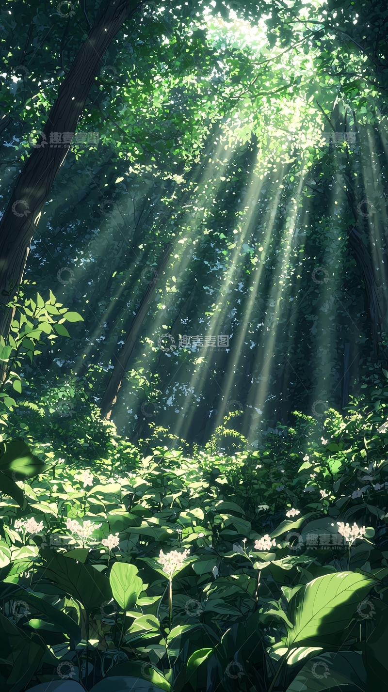 高清大图下载【趣麦麦图】森林中的阳光穿透树叶