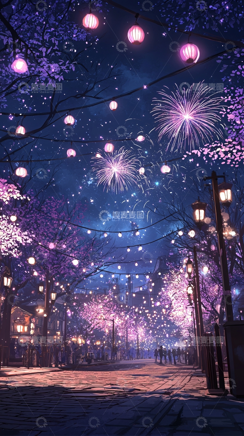 高清大图下载【趣麦麦图】夜晚樱花树下的浪漫街道