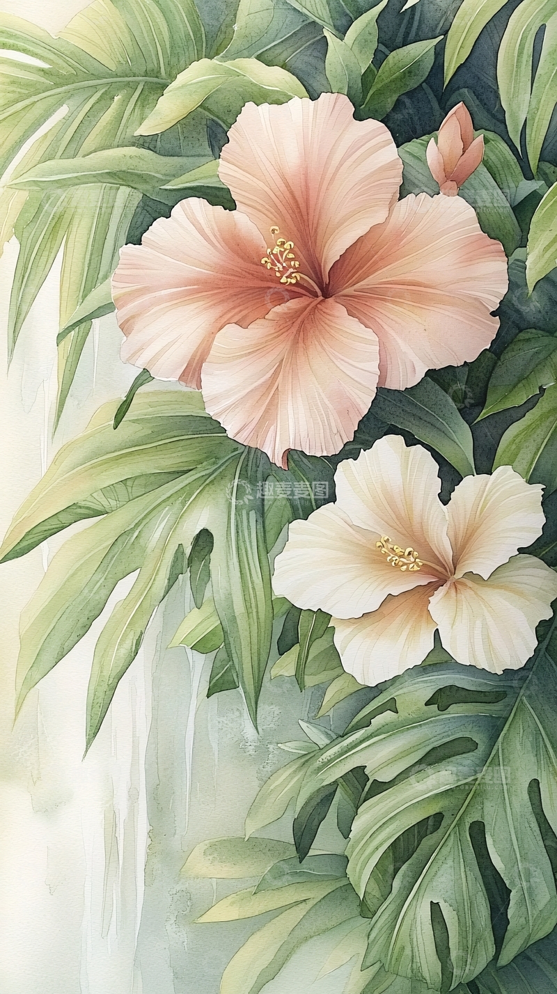 高清大图下载【趣麦麦图】热带风情花卉手绘插画