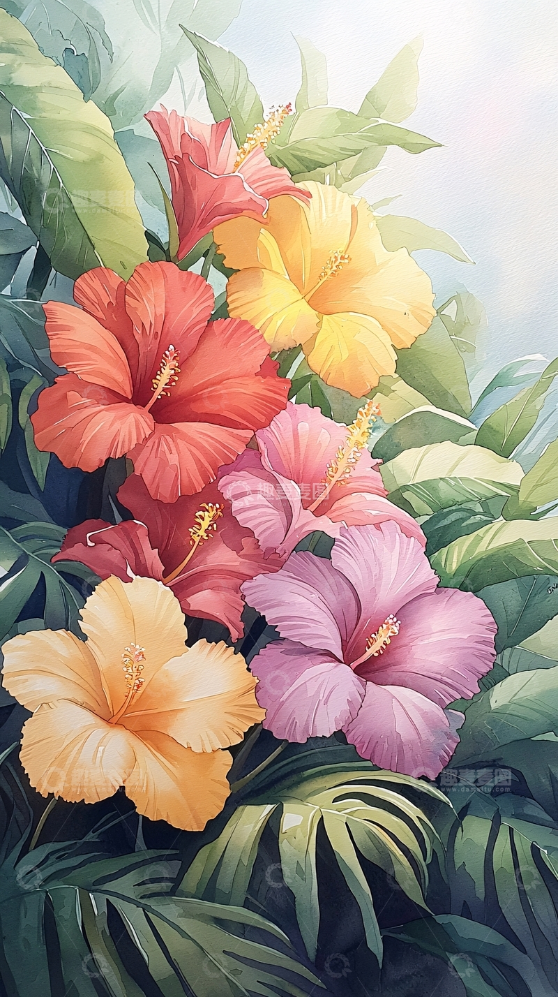 高清大图下载【趣麦麦图】热带风情花卉插画背景图