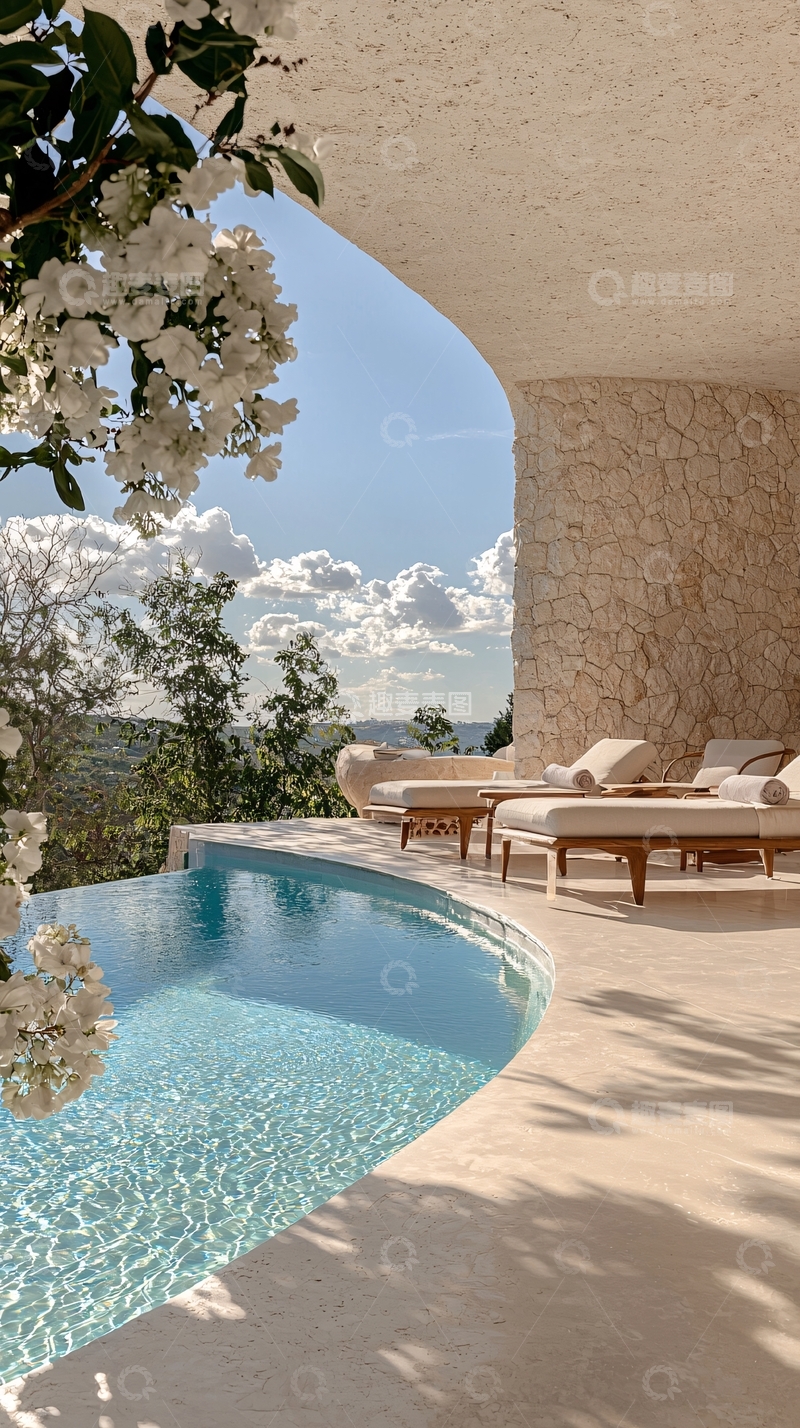 高清大图下载【趣麦麦图】现代泳池边的休闲躺椅