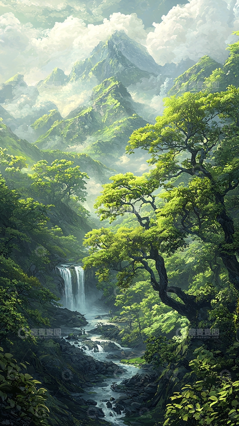 高清大图下载【趣麦麦图】山间瀑布绿树环绕