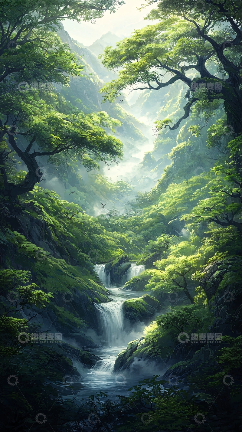 高清大图下载【趣麦麦图】山间瀑布绿意盎然